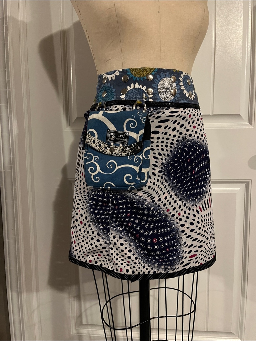 Zand Amsterdam Navy & White Patterned A-Line Skirt with Detachable Purse